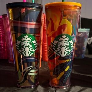 Starbucks Green Iridescent & Orange Floral Reusable Cold Cups (Sold Together)